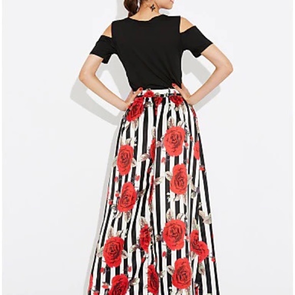 WOMEN’S 2 pcCold Shoulder Top Rose Print Maxi Skirt Pockets Medium - Picture 3 of 13